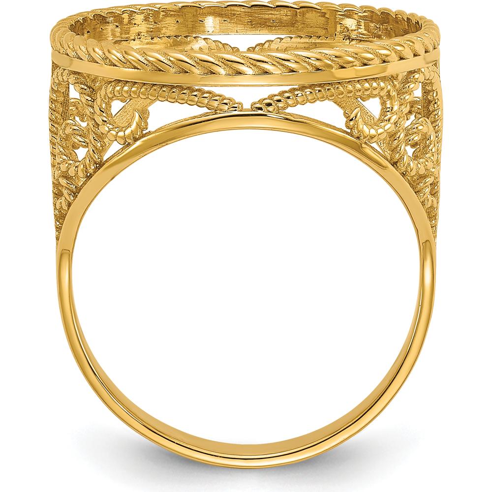 14K Yellow Gold Polished Coin Bezel Ring with Twisted Wire Scroll Design - 19.3mm Width by Numis Coin Jewelry