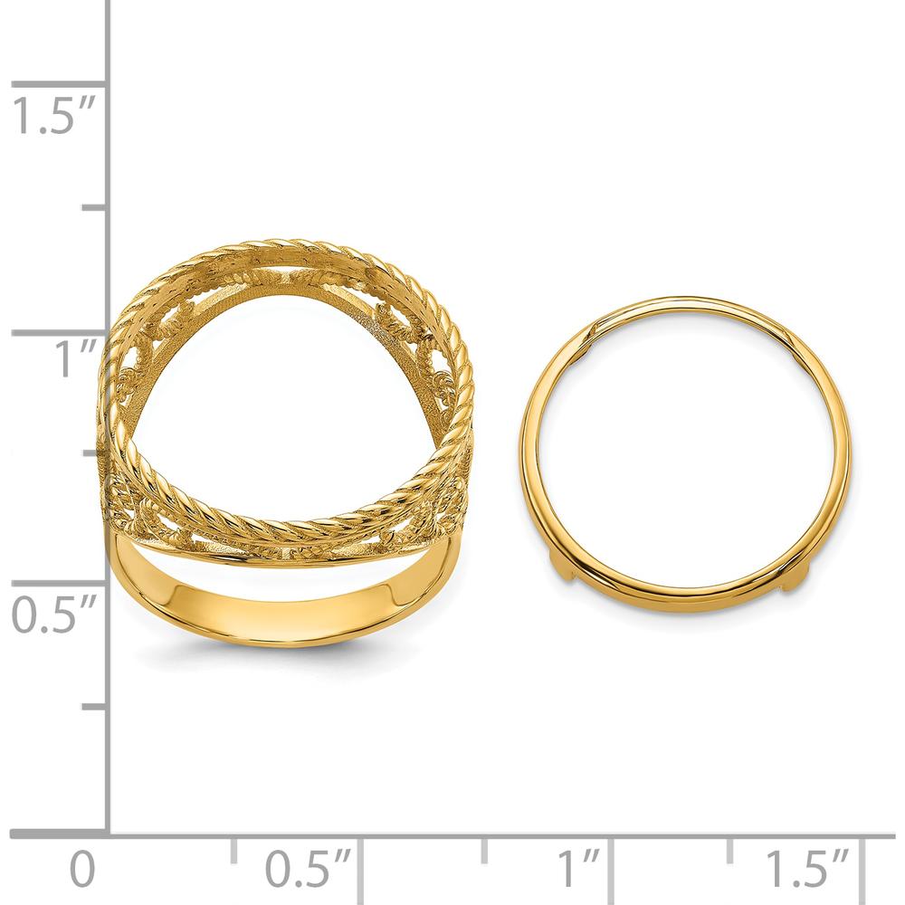 14K Yellow Gold Polished Coin Bezel Ring with Twisted Wire Scroll Design - 19.3mm Width by Numis Coin Jewelry