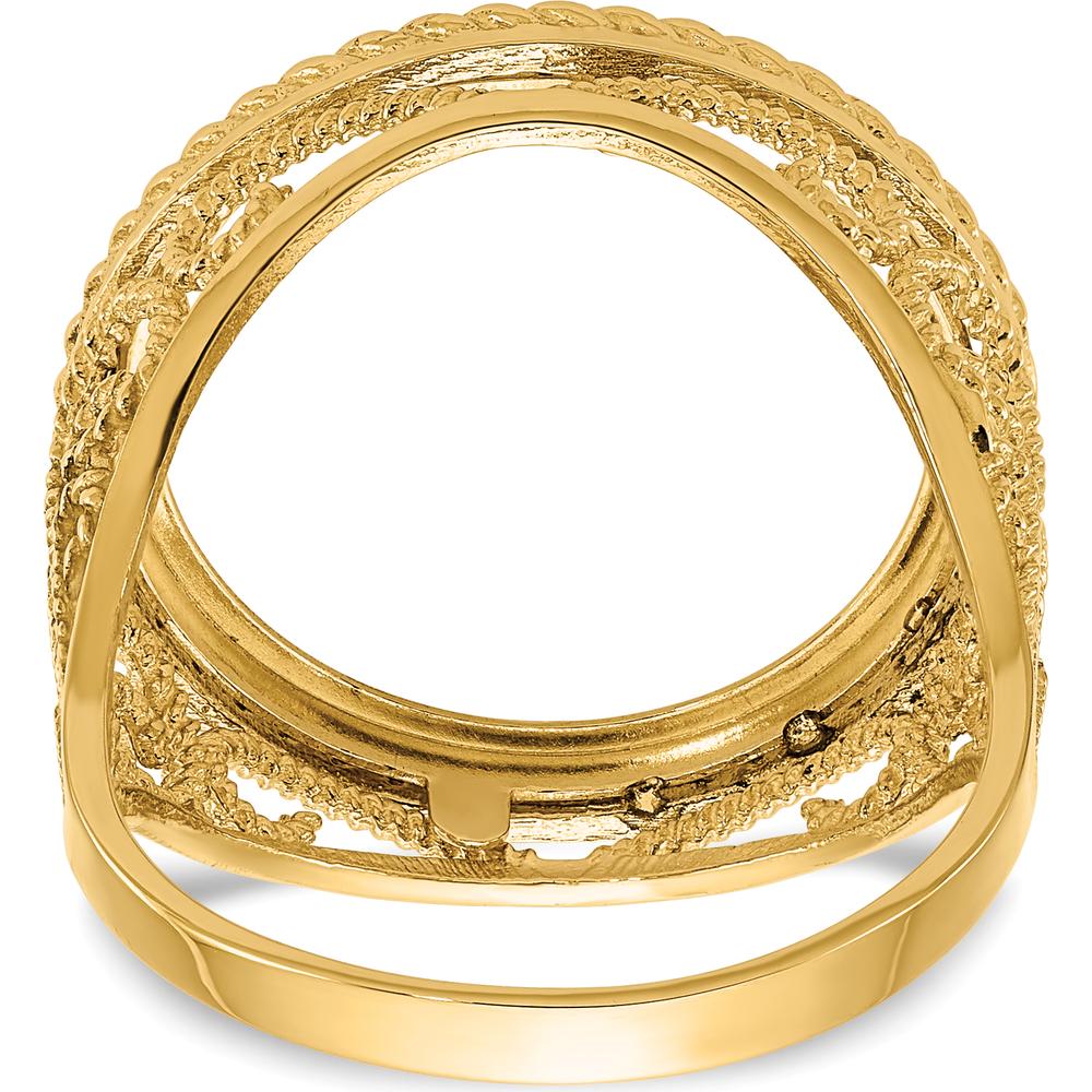 14K Yellow Gold Polished Coin Bezel Ring with Twisted Wire Scroll Design - 19.3mm Width by Numis Coin Jewelry