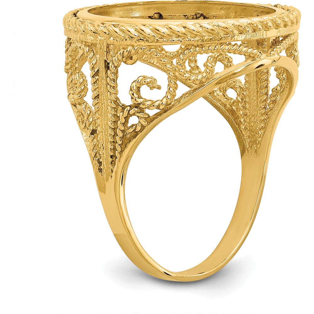 14K Yellow Gold Polished Coin Bezel Ring with Twisted Wire Scroll Design - 19.3mm Width by Numis Coin Jewelry