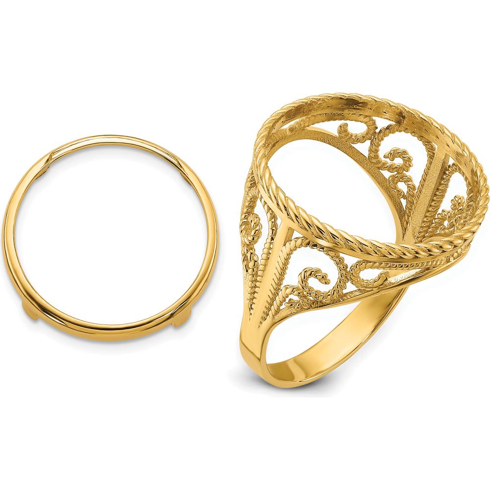 14K Yellow Gold Polished Coin Bezel Ring with Twisted Wire Scroll Design - 19.3mm Width by Numis Coin Jewelry