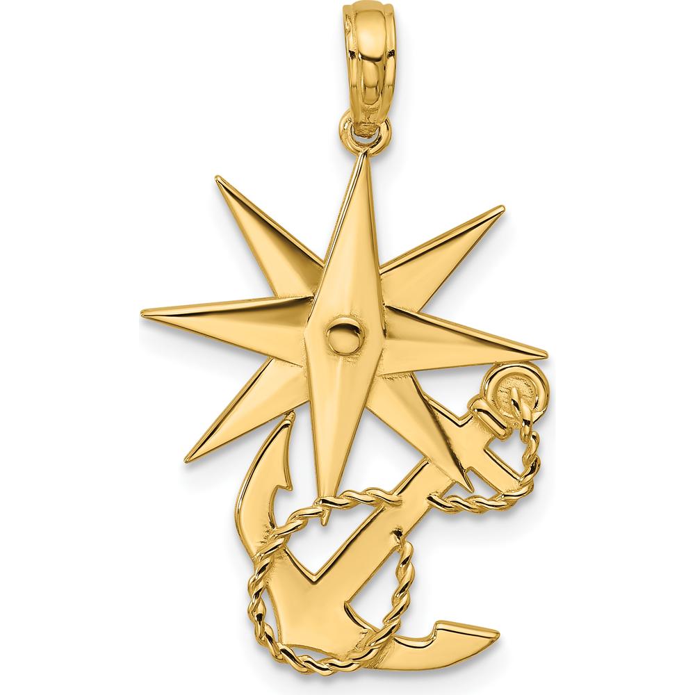 14K Yellow Gold Polished Compass and Anchor Pendant with Rope Design by Oro Pregiato