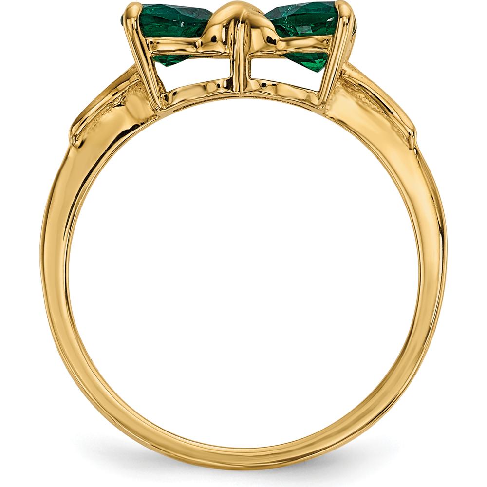 14K Yellow Gold Polished Created Emerald Heart Bow Ring - 2x5mm Stones by Oro Pregiato