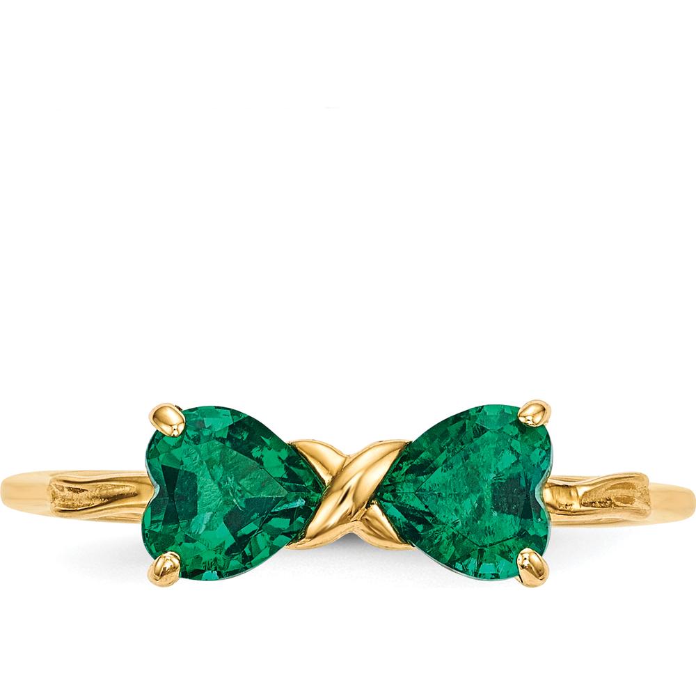 14K Yellow Gold Polished Created Emerald Heart Bow Ring - 2x5mm Stones by Oro Pregiato
