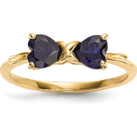 14K Yellow Gold Polished Created Sapphire Bow Ring with Heart-Shaped Blue Sapphires by Oro Pregiato