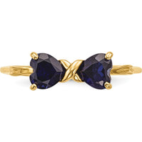 14K Yellow Gold Polished Created Sapphire Bow Ring with Heart-Shaped Blue Sapphires by Oro Pregiato