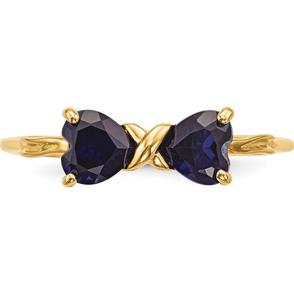 14K Yellow Gold Polished Created Sapphire Bow Ring with Heart-Shaped Blue Sapphires by Oro Pregiato