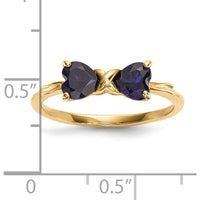 14K Yellow Gold Polished Created Sapphire Bow Ring with Heart-Shaped Blue Sapphires by Oro Pregiato
