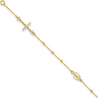 14K Yellow Gold Polished Cross and Miraculous Medal Beaded Rosary Bracelet - 7.5" Length by 0