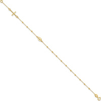 14K Yellow Gold Polished Cross and Miraculous Medal Beaded Rosary Bracelet - 7.5" Length by 0