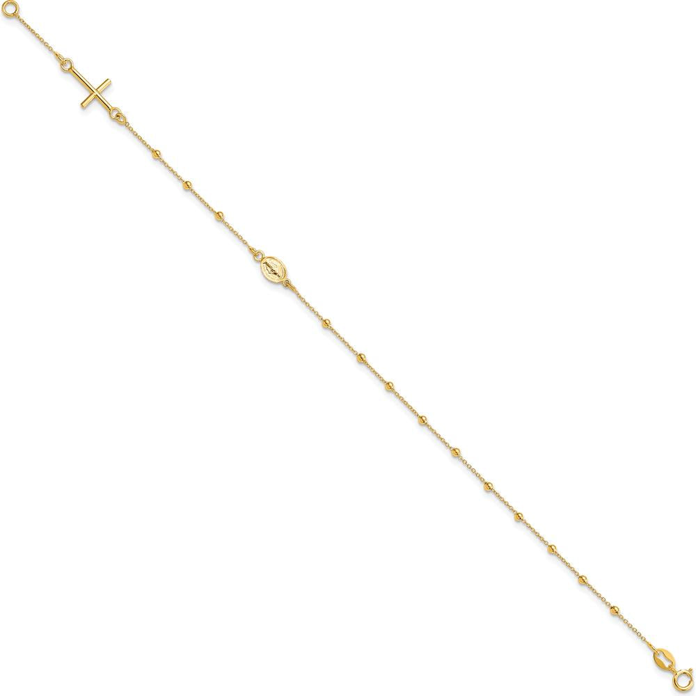14K Yellow Gold Polished Cross and Miraculous Medal Beaded Rosary Bracelet - 7.5" Length by 0