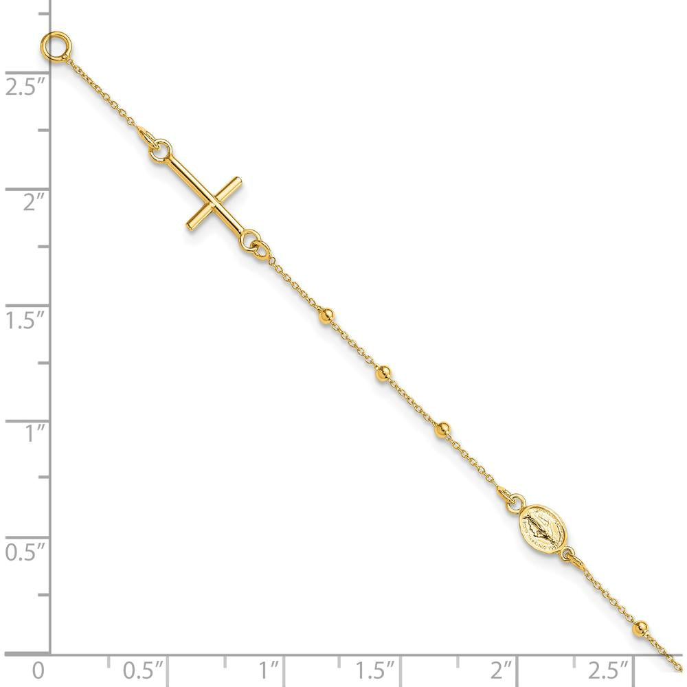 14K Yellow Gold Polished Cross and Miraculous Medal Beaded Rosary Bracelet - 7.5" Length by 0