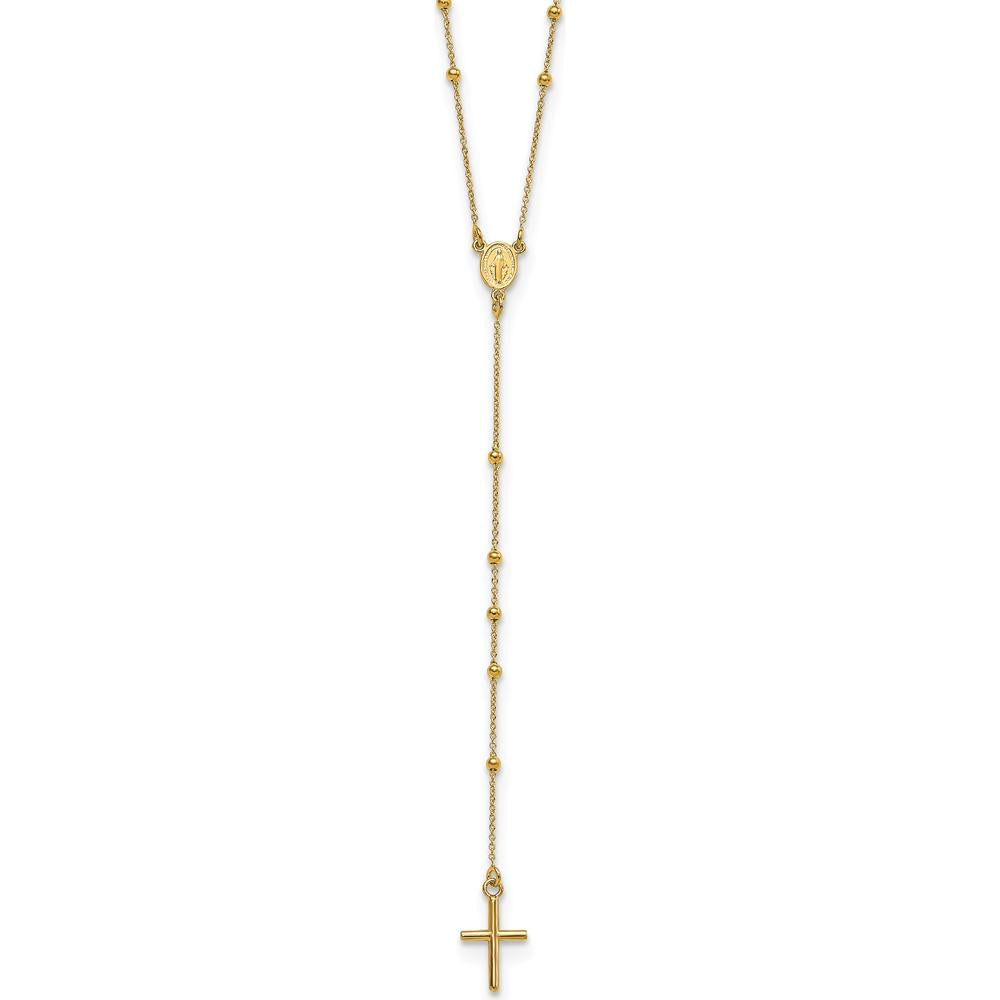 14K Yellow Gold Polished Cross and Miraculous Medal Beaded Rosary Necklace - 24 inches by 0