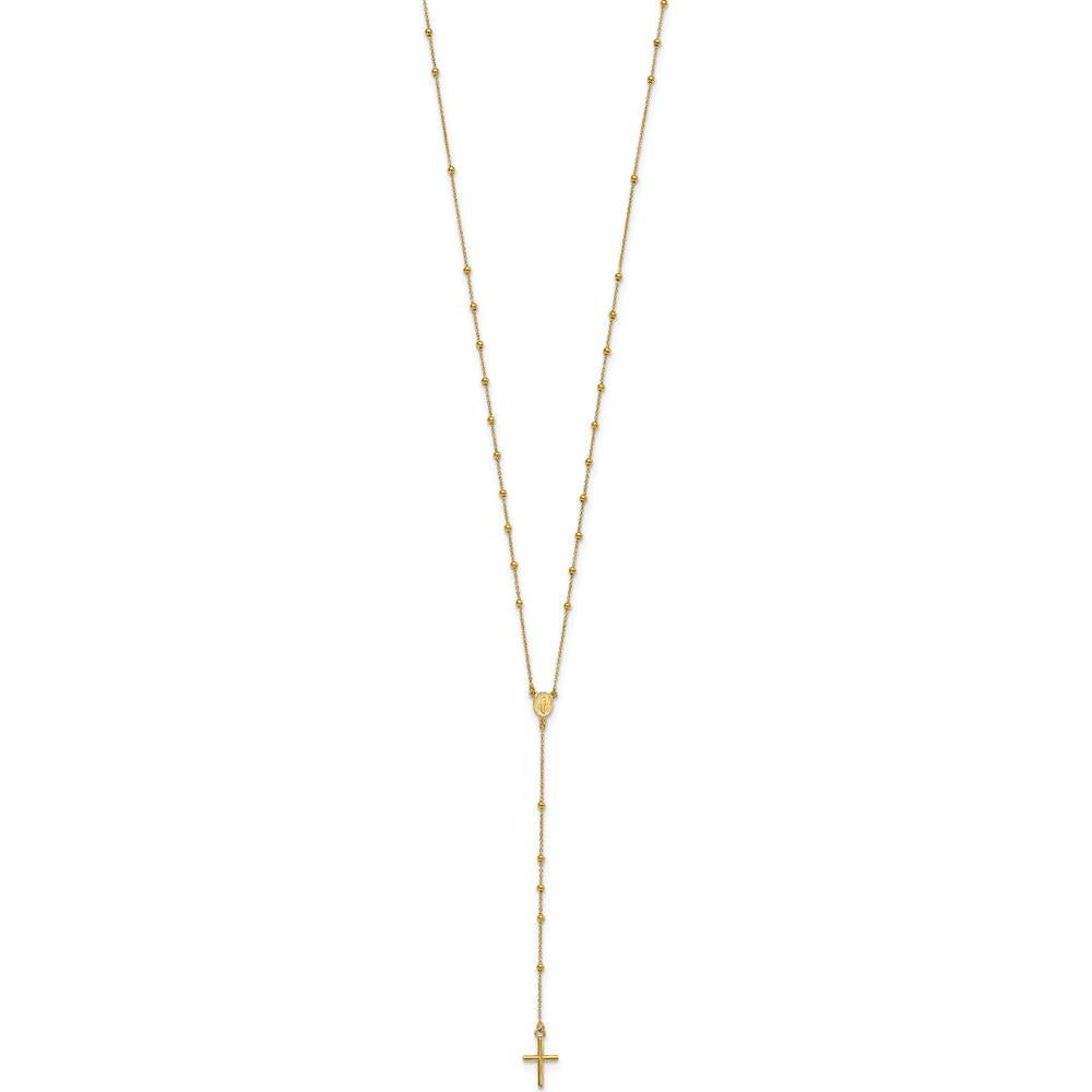 14K Yellow Gold Polished Cross and Miraculous Medal Beaded Rosary Necklace - 24 inches by 0