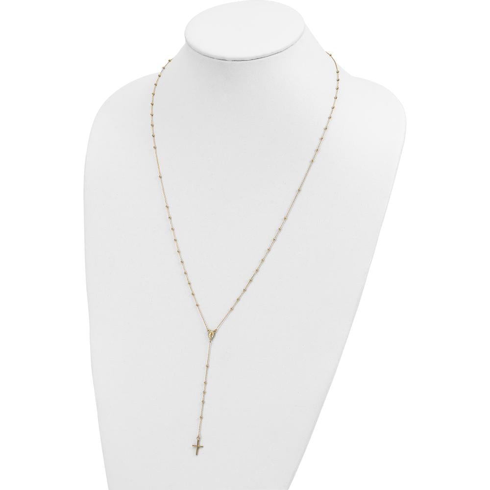 14K Yellow Gold Polished Cross and Miraculous Medal Beaded Rosary Necklace - 24 inches by 0