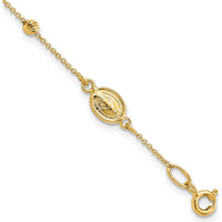 14K Yellow Gold Polished Cross and Miraculous Medal Rosary Bracelet with Diamond-cut Beads and 0.75" Extender by 0