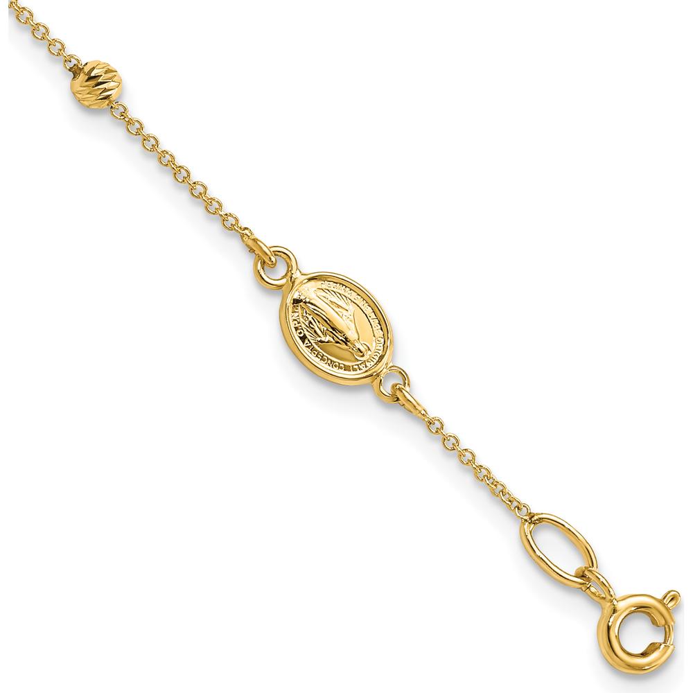 14K Yellow Gold Polished Cross and Miraculous Medal Rosary Bracelet with Diamond-cut Beads and 0.75" Extender by 0