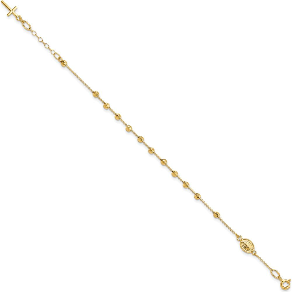 14K Yellow Gold Polished Cross and Miraculous Medal Rosary Bracelet with Diamond-cut Beads and 0.75" Extender by 0