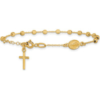 14K Yellow Gold Polished Cross and Miraculous Medal Rosary Bracelet with Diamond-cut Beads and 0.75" Extender by 0