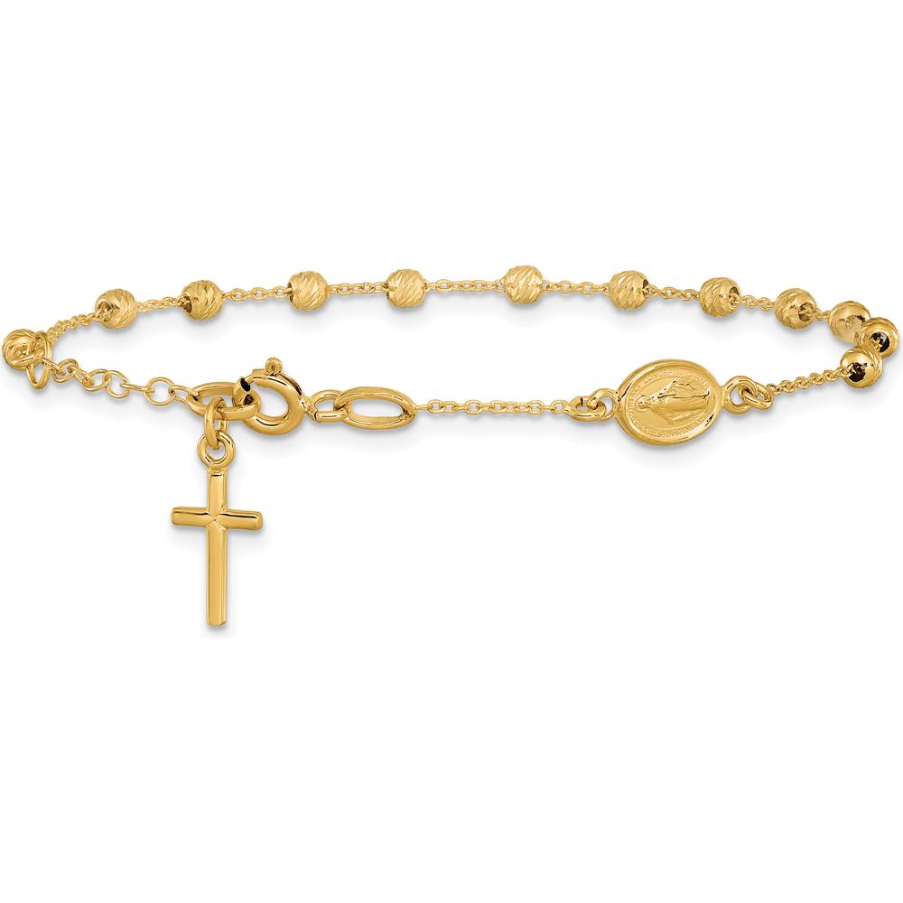 14K Yellow Gold Polished Cross and Miraculous Medal Rosary Bracelet with Diamond-cut Beads and 0.75" Extender by 0