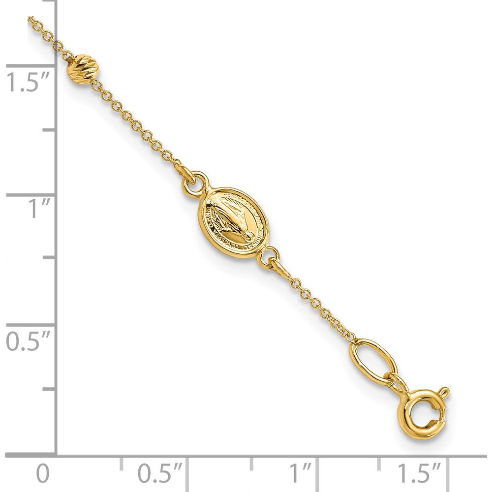 14K Yellow Gold Polished Cross and Miraculous Medal Rosary Bracelet with Diamond-cut Beads and 0.75" Extender by 0