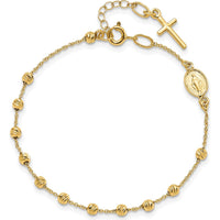 14K Yellow Gold Polished Cross and Miraculous Medal Rosary Bracelet with Diamond-cut Beads and 0.75" Extender by 0