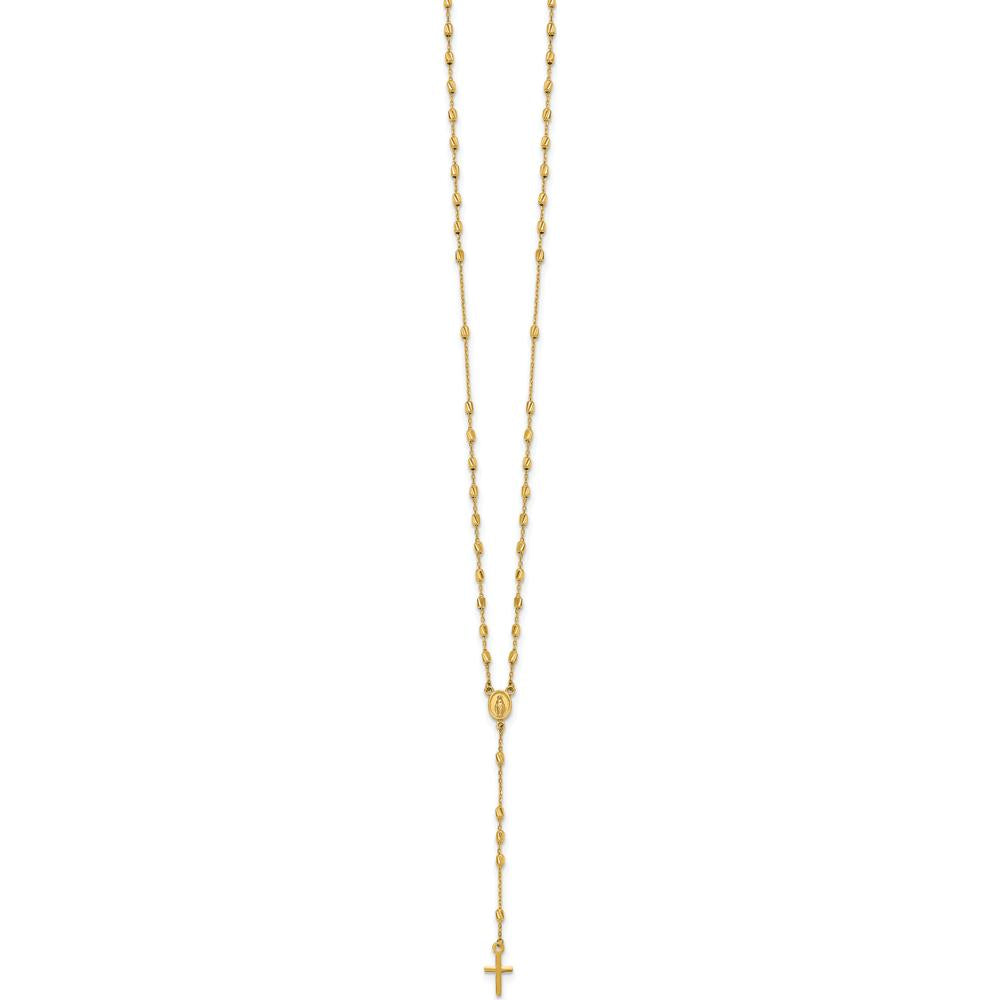 14K Yellow Gold Polished Cross and Miraculous Medal Rosary Necklace with Diamond-Cut Beaded Chain - 16.75" with 2" Extender by 0