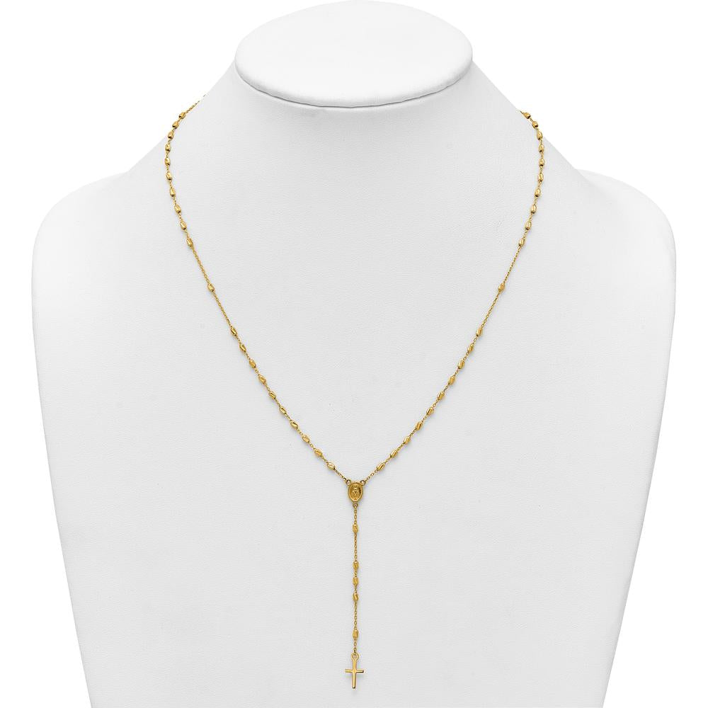 14K Yellow Gold Polished Cross and Miraculous Medal Rosary Necklace with Diamond-Cut Beaded Chain - 16.75" with 2" Extender by 0