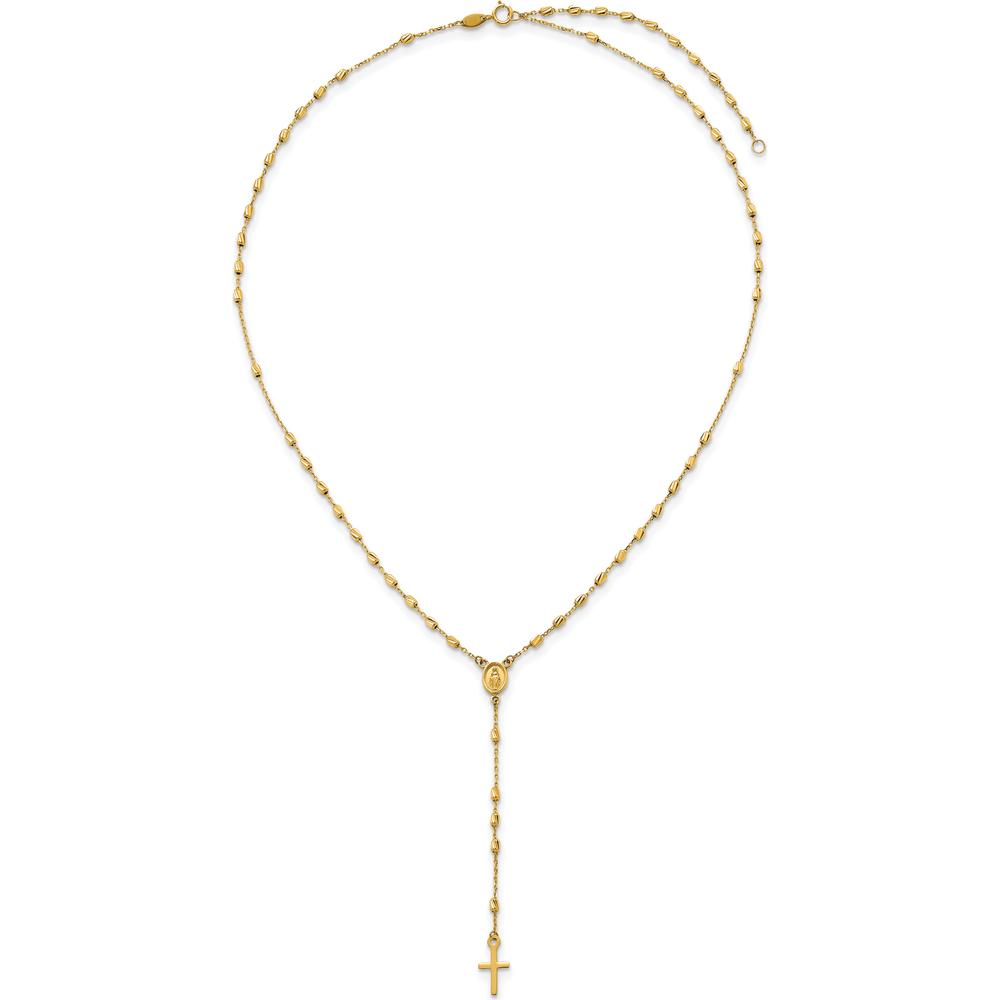 14K Yellow Gold Polished Cross and Miraculous Medal Rosary Necklace with Diamond-Cut Beaded Chain - 16.75" with 2" Extender by 0