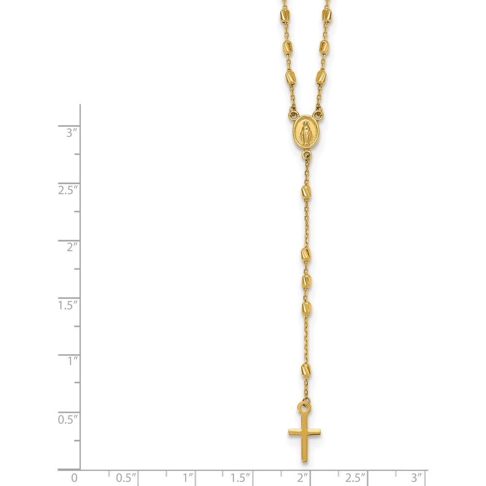14K Yellow Gold Polished Cross and Miraculous Medal Rosary Necklace with Diamond-Cut Beaded Chain - 16.75" with 2" Extender by 0