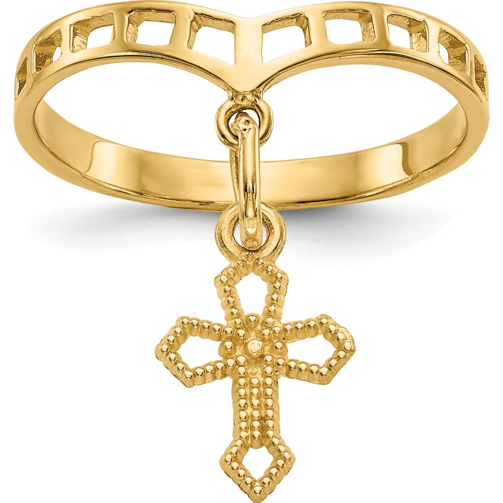 14K Yellow Gold Polished Cross Dangle Charm Ring - 17mm Top Length by 0