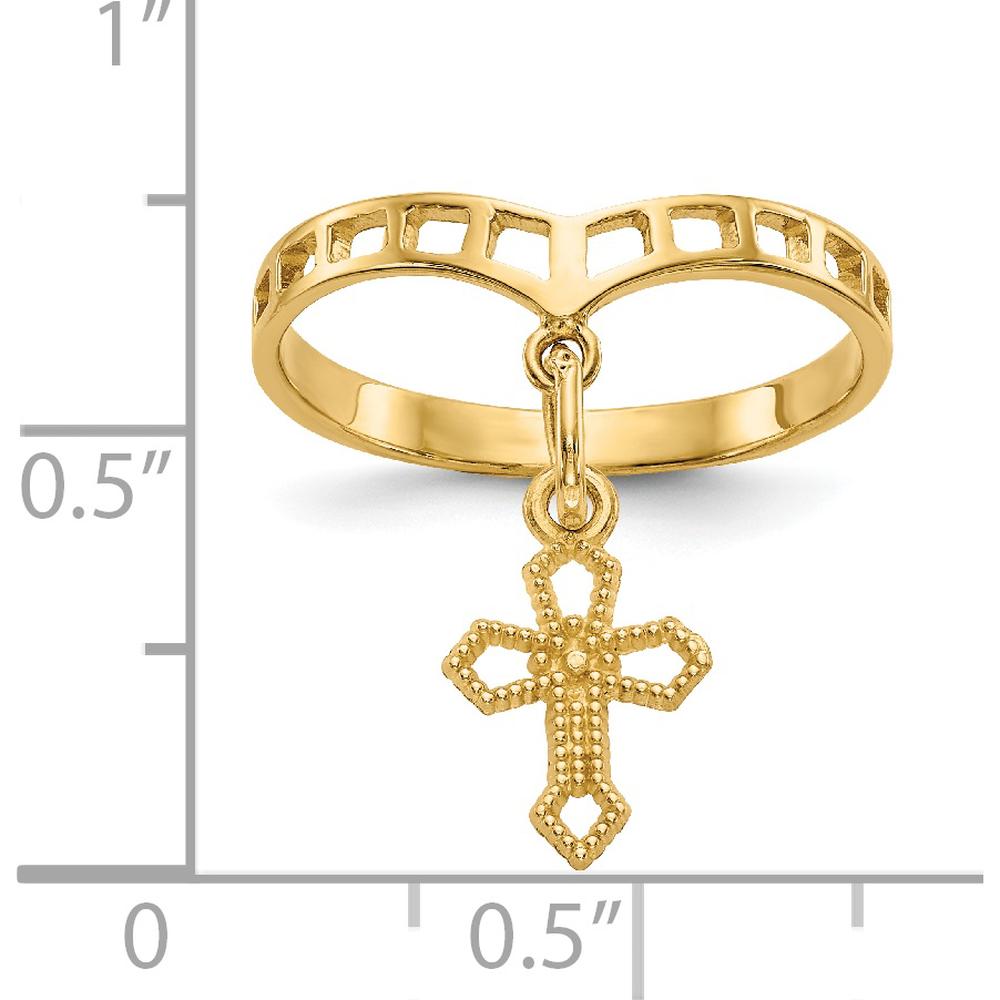 14K Yellow Gold Polished Cross Dangle Charm Ring - 17mm Top Length by 0