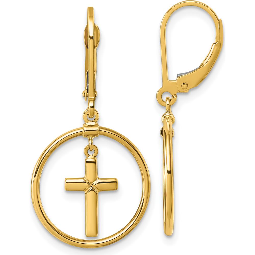 14K Yellow Gold Polished Cross in Circle Drop Earrings - Elegant Leverback Design by 0