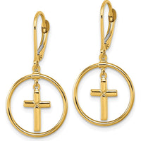 14K Yellow Gold Polished Cross in Circle Drop Earrings - Elegant Leverback Design by 0