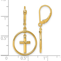 14K Yellow Gold Polished Cross in Circle Drop Earrings - Elegant Leverback Design by 0