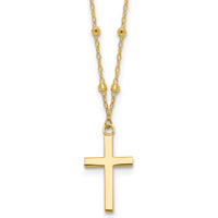 14K Yellow Gold Polished Cross Pendant on Diamond-Cut Beaded Chain Necklace with 2-Inch Extender by 0