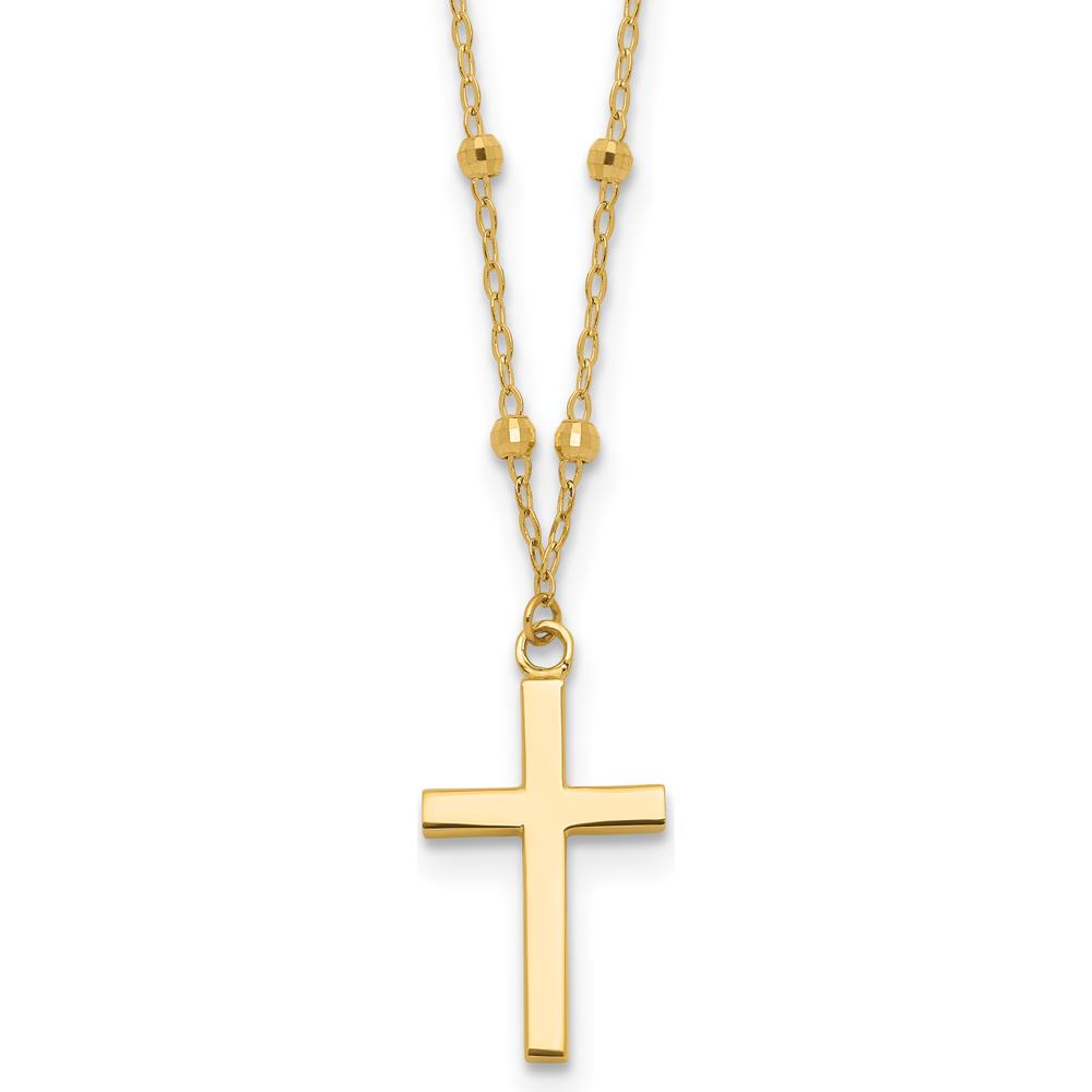 14K Yellow Gold Polished Cross Pendant on Diamond-Cut Beaded Chain Necklace with 2-Inch Extender by 0