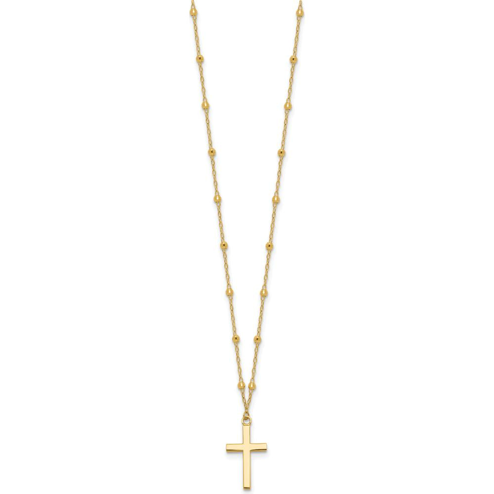 14K Yellow Gold Polished Cross Pendant on Diamond-Cut Beaded Chain Necklace with 2-Inch Extender by 0