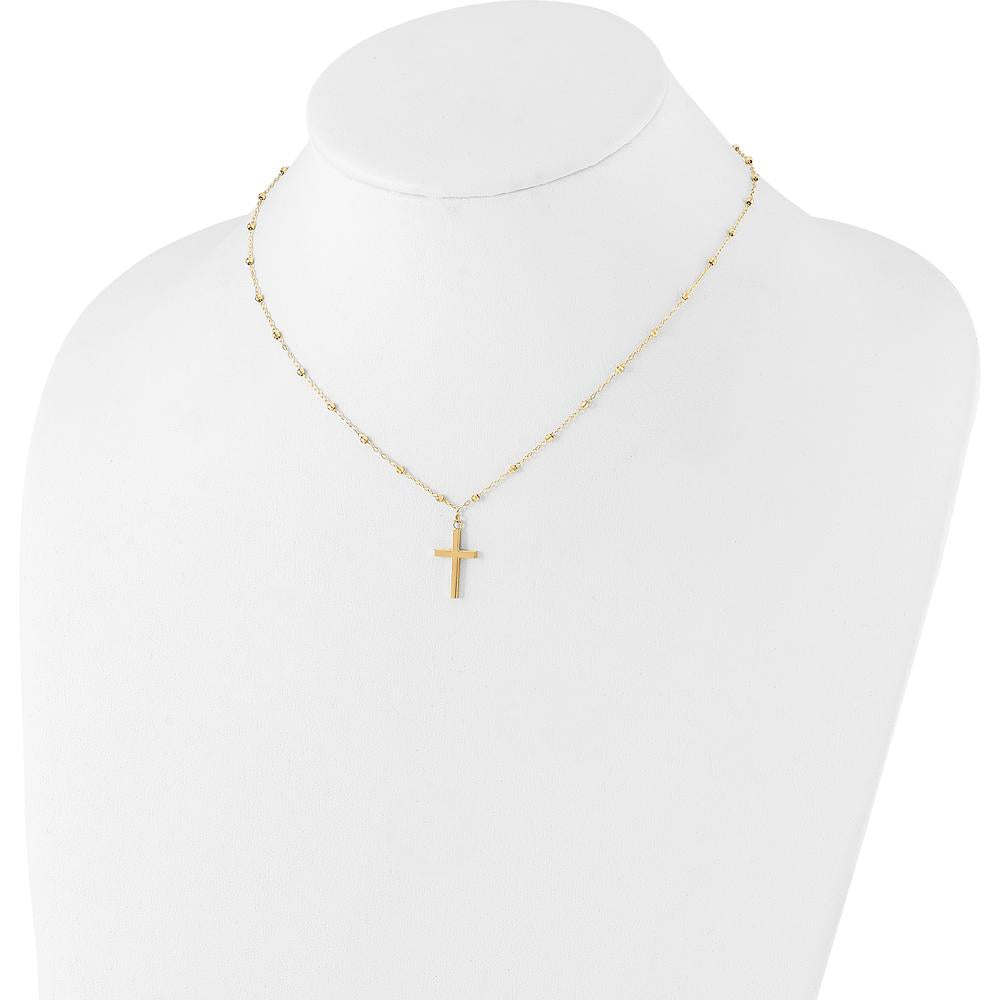 14K Yellow Gold Polished Cross Pendant on Diamond-Cut Beaded Chain Necklace with 2-Inch Extender by 0