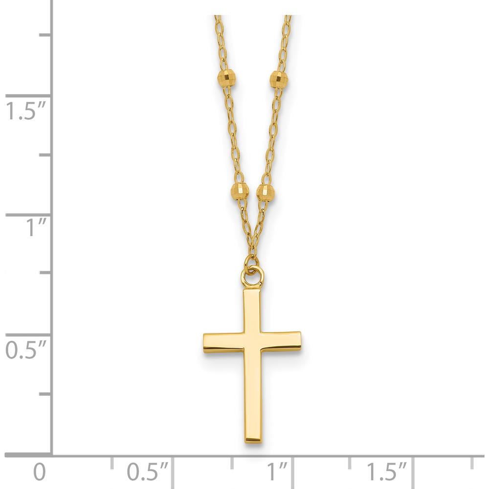 14K Yellow Gold Polished Cross Pendant on Diamond-Cut Beaded Chain Necklace with 2-Inch Extender by 0