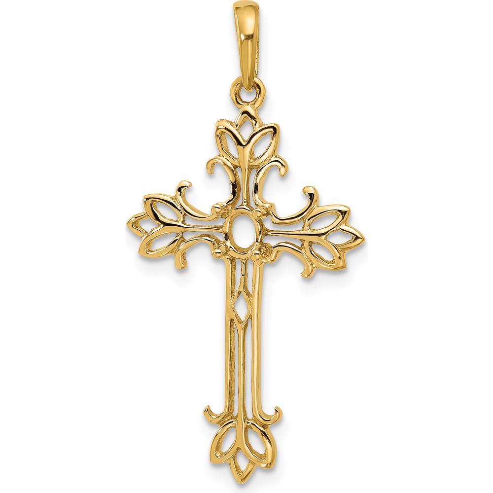 14K Yellow Gold Polished Cross Pendant with Oval Center Stone Mounting by Oro Pregiato