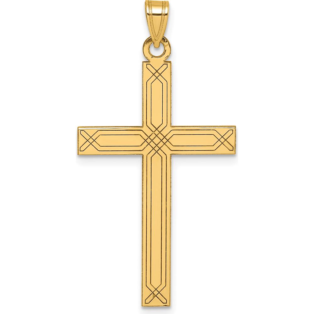 14K Yellow Gold Polished Cross Pendant with Patterned Texture - 41.5mm Length by Oro Pregiato
