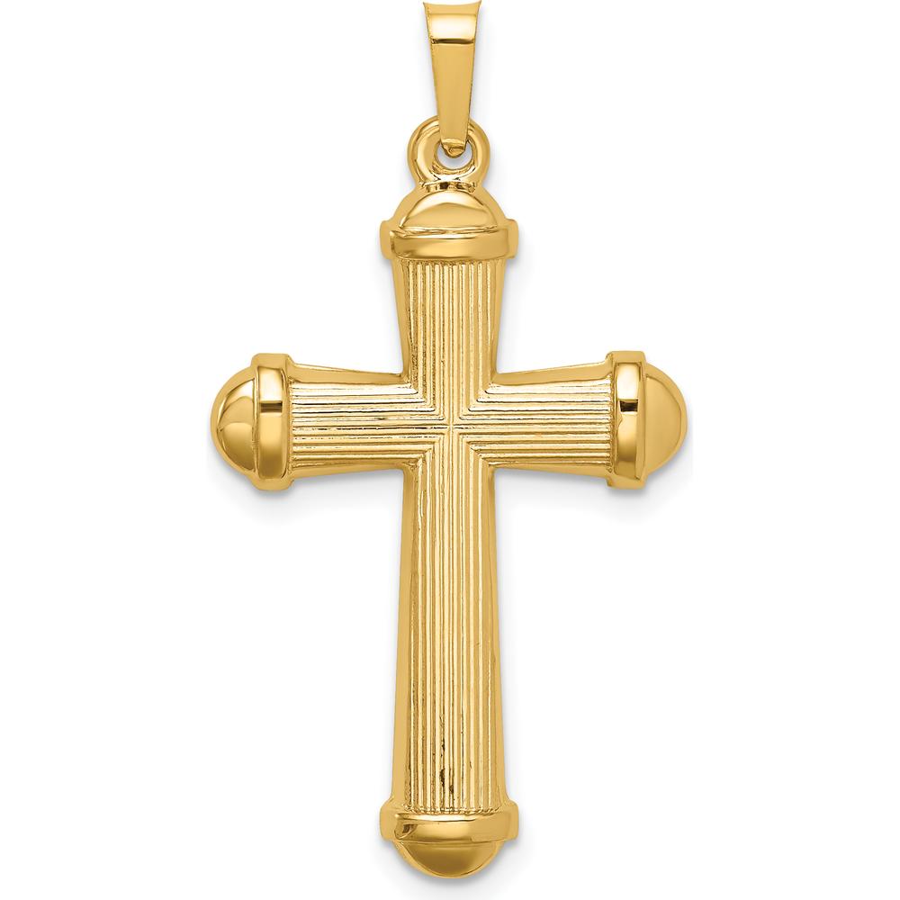 14K Yellow Gold Polished Cross Pendant with Striped Detail - 30.5mm Length by Oro Pregiato