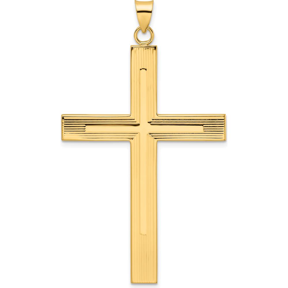 14K Yellow Gold Polished Cross Pendant with Striped Texture - 60.12mm Length by Oro Pregiato