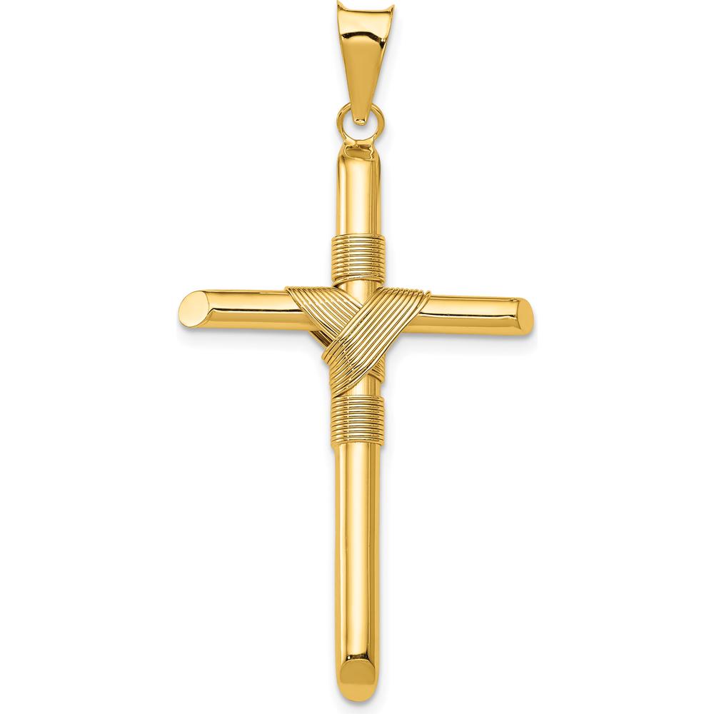 14K Yellow Gold Polished Cross Pendant with Textured Center Wrap - 45.2mm Length by Oro Pregiato