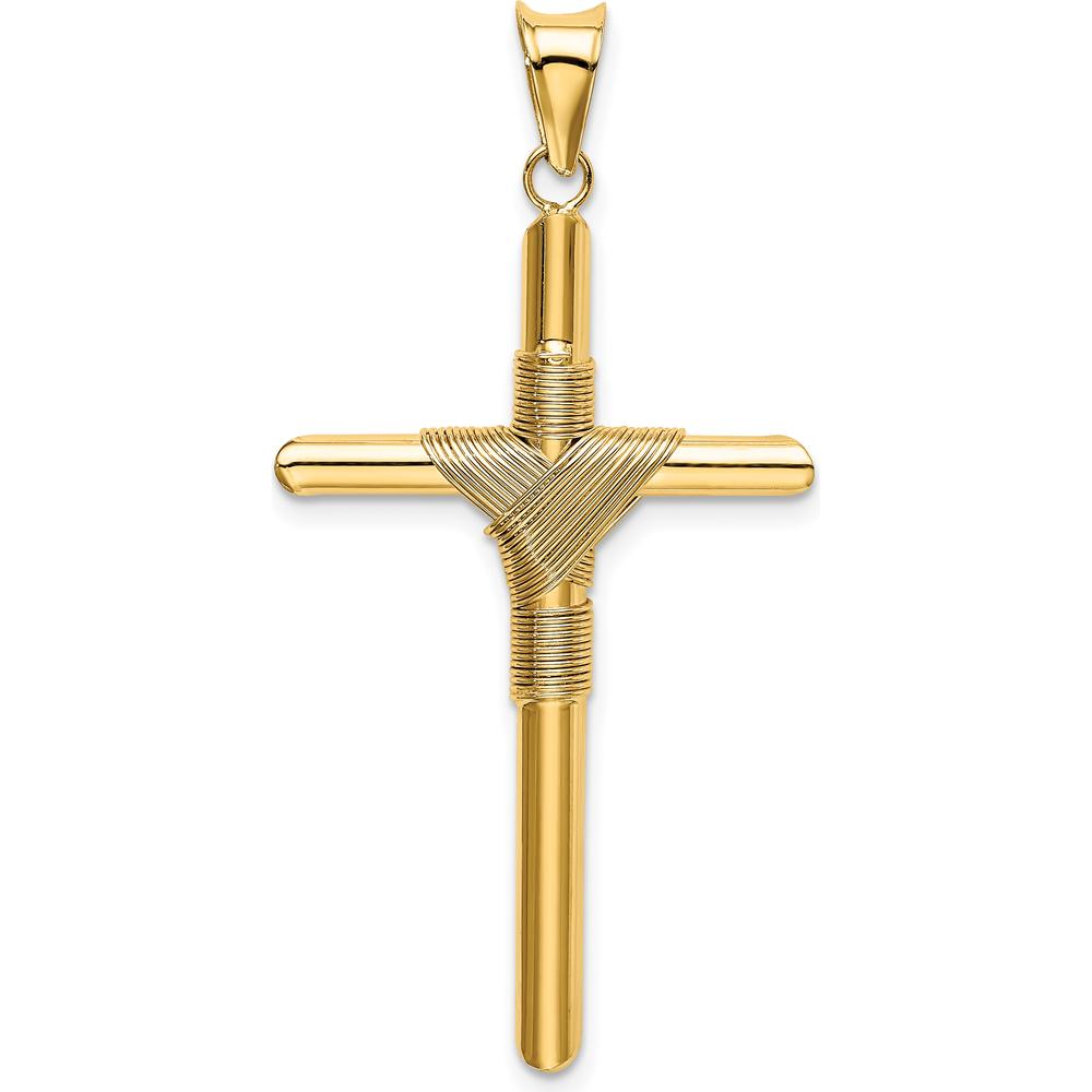 14K Yellow Gold Polished Cross Pendant with Textured Center Wrap - 45.2mm Length by Oro Pregiato