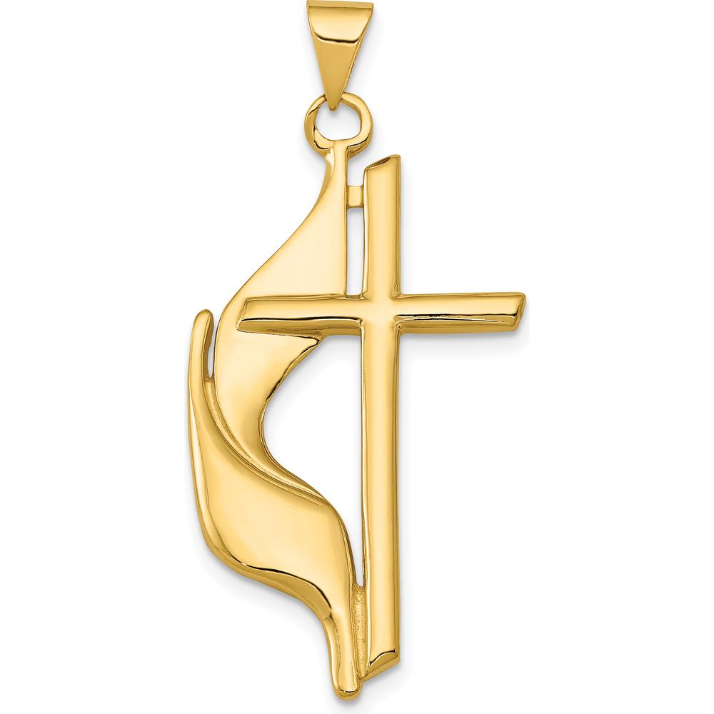 14K Yellow Gold Polished Cross Pendant with Textured Drape - 38mm Length by Oro Pregiato