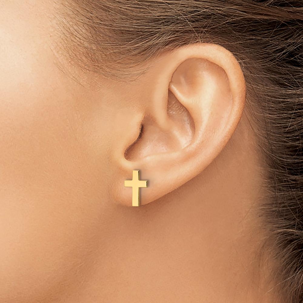 14K Yellow Gold Polished Cross Stud Earrings - Elegant Design by 0
