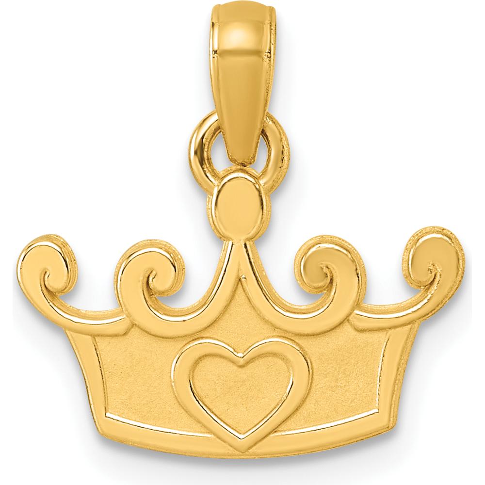 14K Yellow Gold Polished Crown Pendant with Heart Center Design - Regal Charm for Women by Oro Pregiato