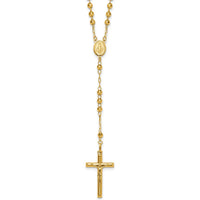 14K Yellow Gold Polished Crucifix and Miraculous Medal 24" Rosary Necklace with 4mm Mirror Beads by 0